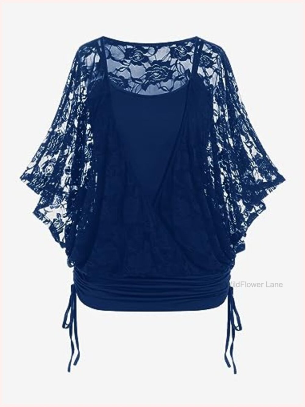 Plus Size Lace Back Tank Top - Ruched Batwing Sleeve Blouson - Picture 3 of 5